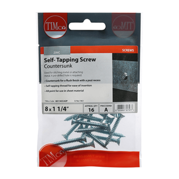 Timco Self-Tapping Countersunk Silver Screws - 8 x 1¼\" (16pcs)