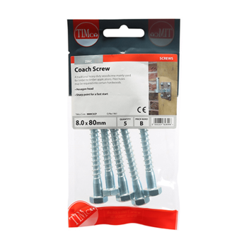 Timco Coach Screws Hex Head Silver  - 8.0 x 80mm (5pcs)