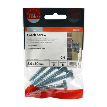 Timco Coach Screws Hex Head Silver  - 8.0 x 50mm ( 5pcs)