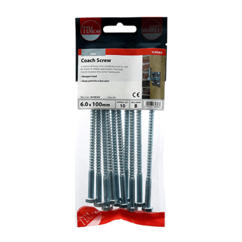 Timco Coach Screws Hex Head Silver  - 6.0 x 100mm (10pcs)